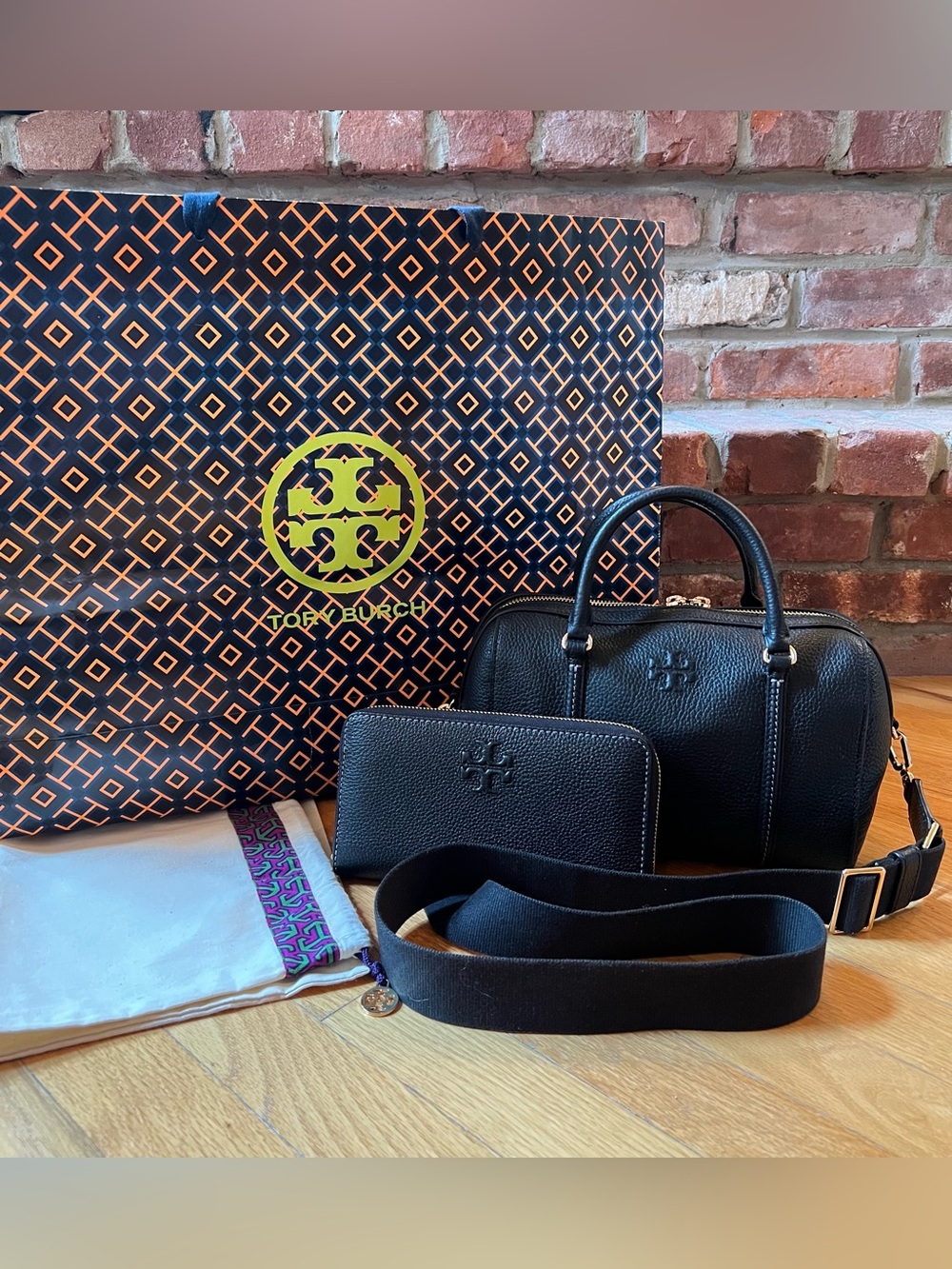 Tory Burch Black Pebbled Leather Satchel Crossbody & Continental Wallet Set